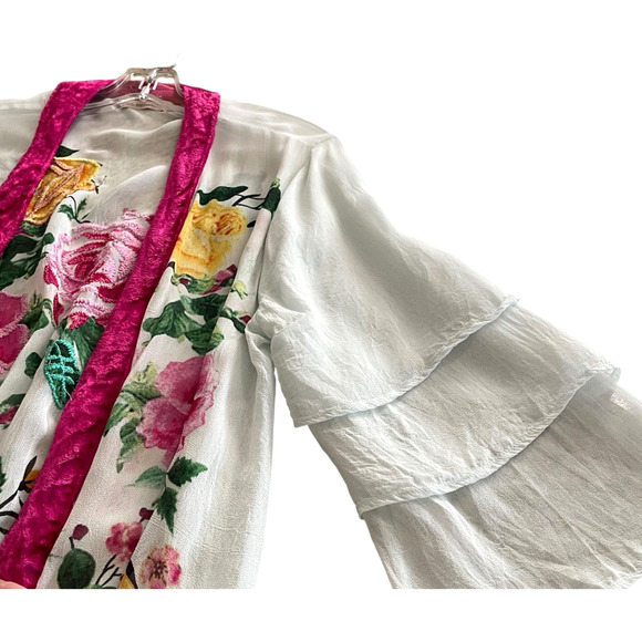 SOFT SURROUNDINGS Size Large Sheer Green Pink Floral Embroidered Open Duster - Picture 2 of 9